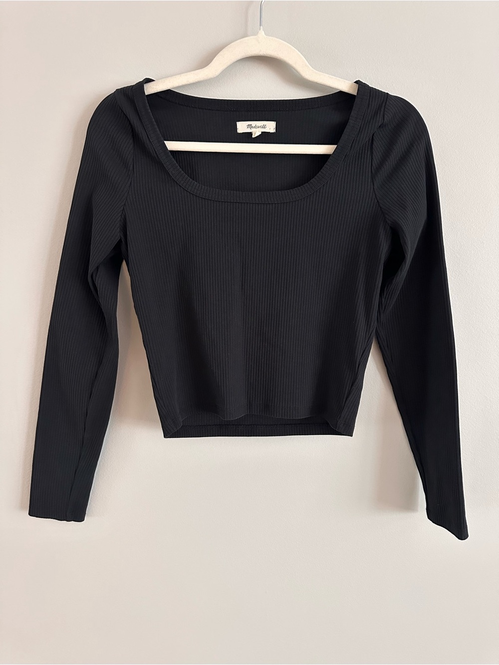 Madewell Black Ribbed Square Neck Long Sleeve Cropped Top Medium